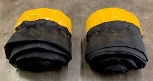 inflatable turbidity curtains rolled for storage